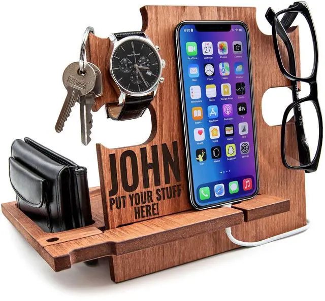 Main image of Personalized Gifts for Men | Wood Phone Docking Station | Nightstand Bedside Desk Organizer | Best Personalized Idea for Father's Day Anniversary Birthday and Graduation