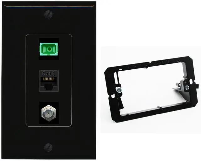 Main image of 1 Port Fiber Optic Jack SC Simplex APC + Cat6 + Coax Wall Plate - Bracket Black/Black