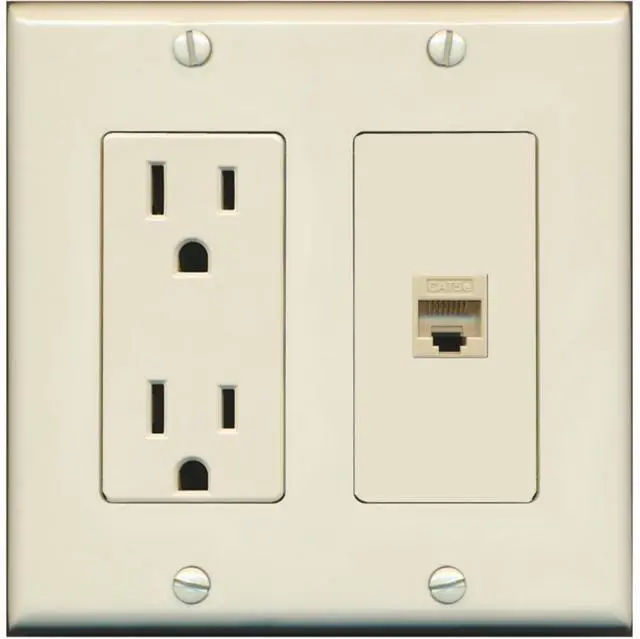Main image of 15 Amp Power Outlet and 1 Port Cat5e Ethernet Decorative Type Wall Plate - Light Almond
