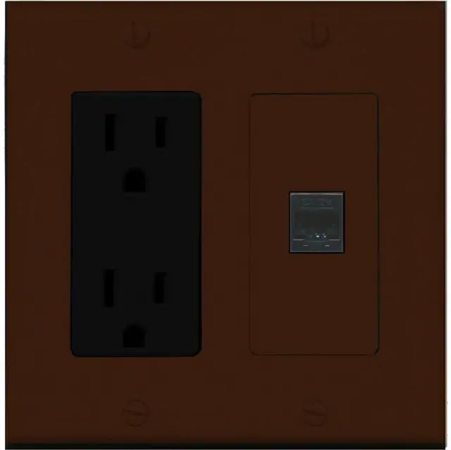 Main image of 15 Amp Power Outlet and 1 Port Cat5e Ethernet Decorative Type Wall Plate - Brown