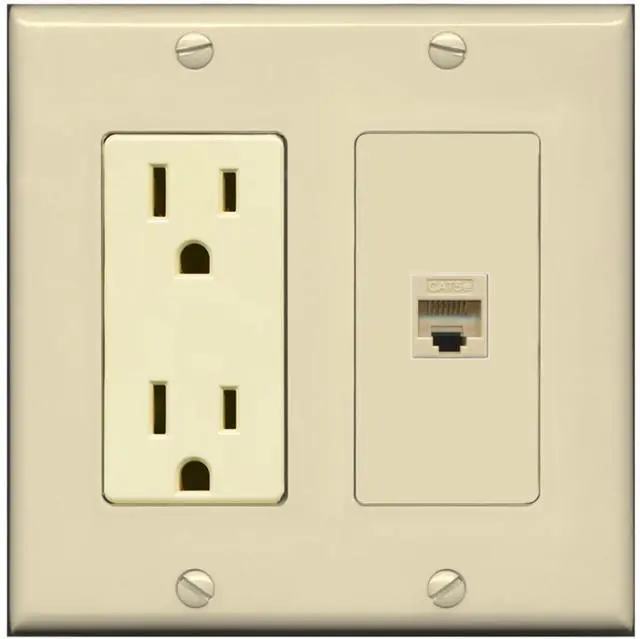 Main image of 15 Amp Power Outlet and 1 Port Cat5e Ethernet Decorative Type Wall Plate - Ivory