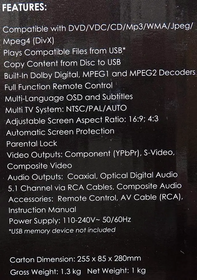 Alt view image 3 of 3 - XV-Y225 All Region Free DVD Player, Multi Format 5.1 Channel Supports DivX, MPEG, MP3, WMA & USB plays NTSC formatted DVDs into a PAL or NTSC monitor or TV
