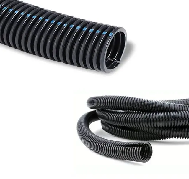 Main image of Flame Retardant Split Wire Loom Tubing 5/8 Inch 100 Ft Long - Black Self-Extinguishing Wire Conduit Cover for Cords - Corrugated Tubing and Protector Durable Polypropylene