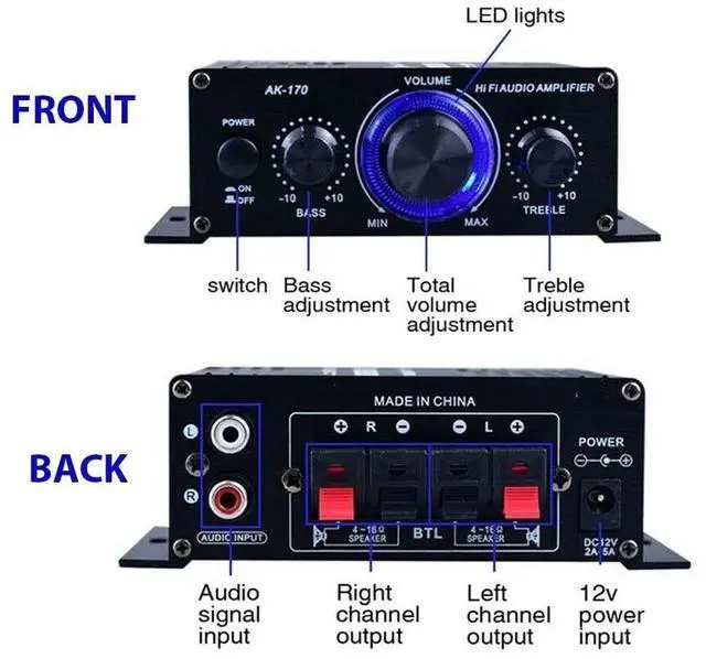 Alt view image 2 of 7 - 400W 12V 2 Channel Powerful Stereo Audio Power Amplifier HiFi Bass Amp Car Home