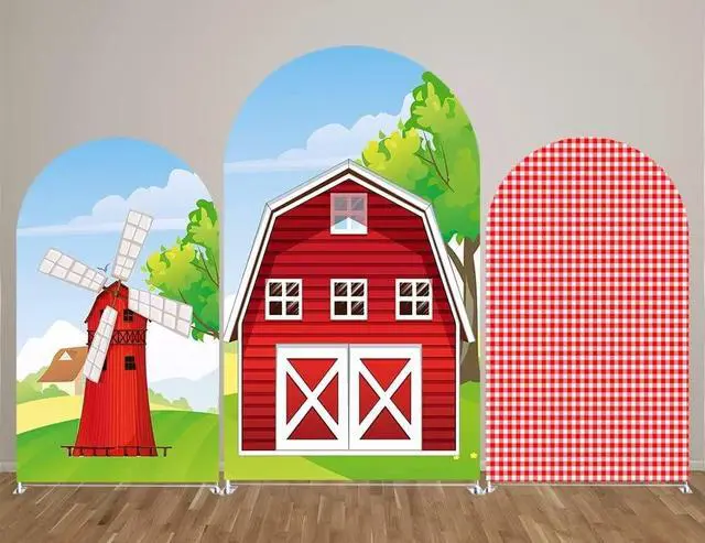 Alt view image 2 of 6 - Red-and-White-Checkered Arch Backdrop Cover Kids Red Farm Parties Chiara Backdrops Decorations Arched Wall Covers Stands Display Props Farm Banner GX233 2.5ft * 6ft