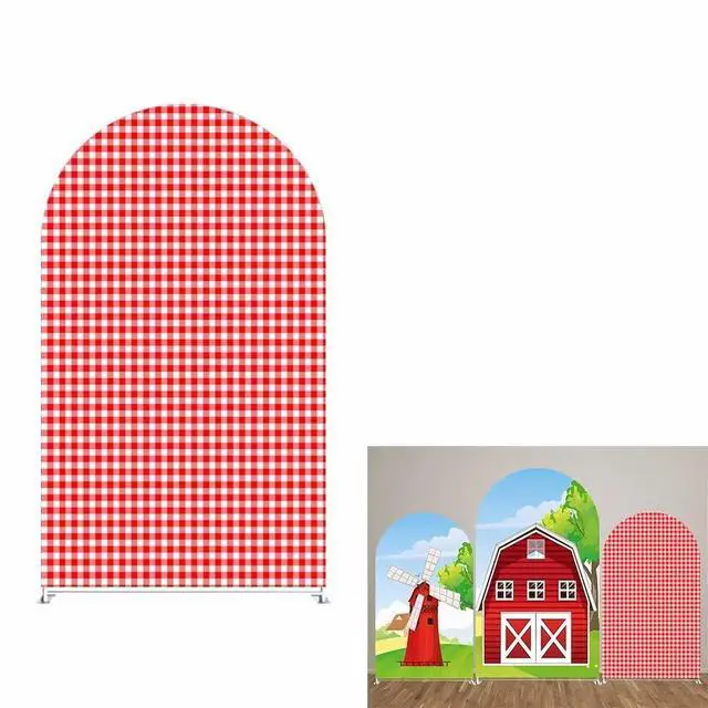 Alt view image 3 of 6 - Red-and-White-Checkered Arch Backdrop Cover Kids Red Farm Parties Chiara Backdrops Decorations Arched Wall Covers Stands Display Props Farm Banner GX233 2.5ft * 6ft
