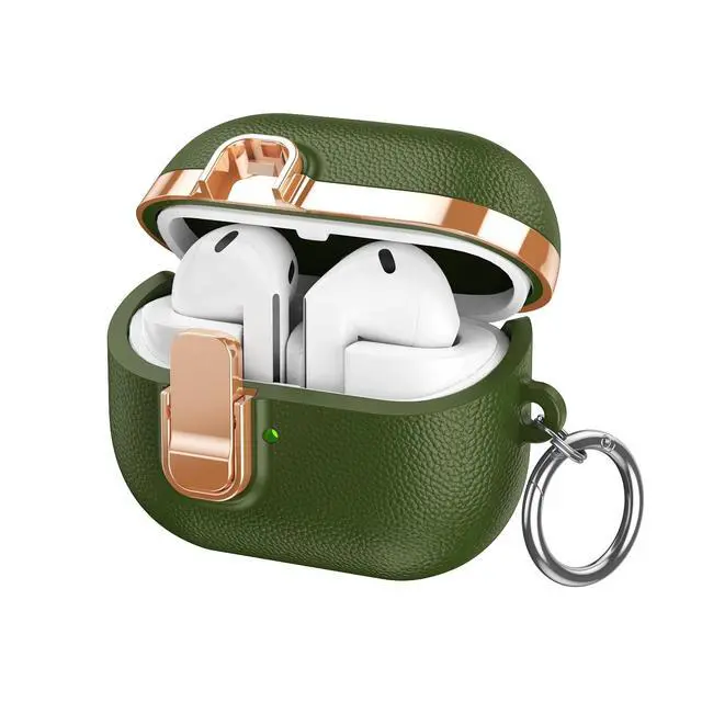 Alt view image 2 of 6 - Electroplated Leather-Look TPU Case for Galaxy Buds 3/3 Pro/3 FE - Safety Lock clamp & Durable Shock Absorption (Green)