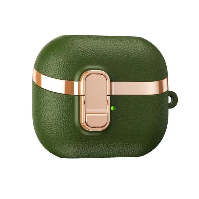 Alt view image 3 of 6 - Electroplated Leather-Look TPU Case for Galaxy Buds 3/3 Pro/3 FE - Safety Lock clamp & Durable Shock Absorption (Green)