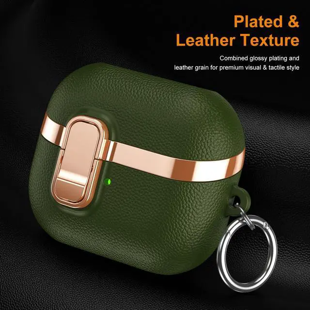 Alt view image 4 of 6 - Electroplated Leather-Look TPU Case for Galaxy Buds 3/3 Pro/3 FE - Safety Lock clamp & Durable Shock Absorption (Green)