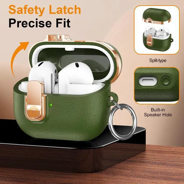 Alt view image 5 of 6 - Electroplated Leather-Look TPU Case for Galaxy Buds 3/3 Pro/3 FE - Safety Lock clamp & Durable Shock Absorption (Green)