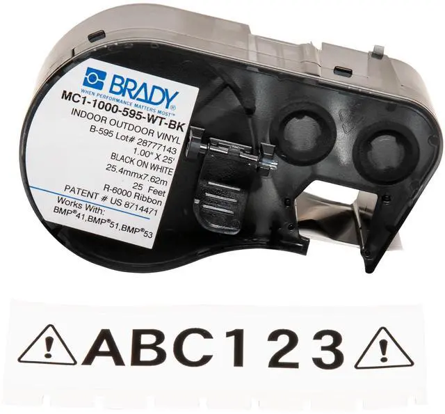 Main image of MC1-1000-595-WT-BK Official (MC-1000-595-WT-BK) High Adhesion Vinyl Label Tape, Black on White - Designed for BMP41, BMP51 and BMP53 Label Printers - 25' Length, 1" Width