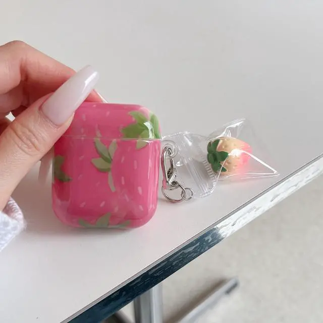 Alt view image 2 of 6 - for AirPods 4th Generation Case with 3D Strawberries Keychain,Classic Kawaii Strawberry Print Aesthetics Fruit Pattern Shockproof Protective Cover Girly Gift for Girls Women - Airpods 4 Pink