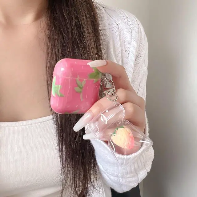Alt view image 4 of 6 - for AirPods 4th Generation Case with 3D Strawberries Keychain,Classic Kawaii Strawberry Print Aesthetics Fruit Pattern Shockproof Protective Cover Girly Gift for Girls Women - Airpods 4 Pink