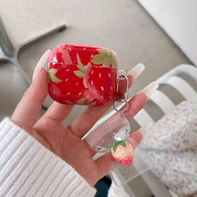 Alt view image 2 of 6 - for AirPods 4th Generation Case with 3D Strawberries Keychain,Classic Kawaii Strawberry Print Aesthetics Fruit Pattern Shockproof Protective Cover Girly Gift for Girls Women - Airpods 4 Red