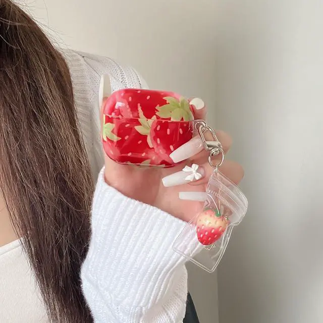 Alt view image 4 of 6 - for AirPods 4th Generation Case with 3D Strawberries Keychain,Classic Kawaii Strawberry Print Aesthetics Fruit Pattern Shockproof Protective Cover Girly Gift for Girls Women - Airpods 4 Red