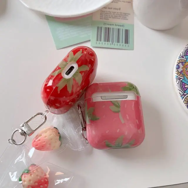 Alt view image 5 of 6 - for AirPods 4th Generation Case with 3D Strawberries Keychain,Classic Kawaii Strawberry Print Aesthetics Fruit Pattern Shockproof Protective Cover Girly Gift for Girls Women - Airpods 4 Pink