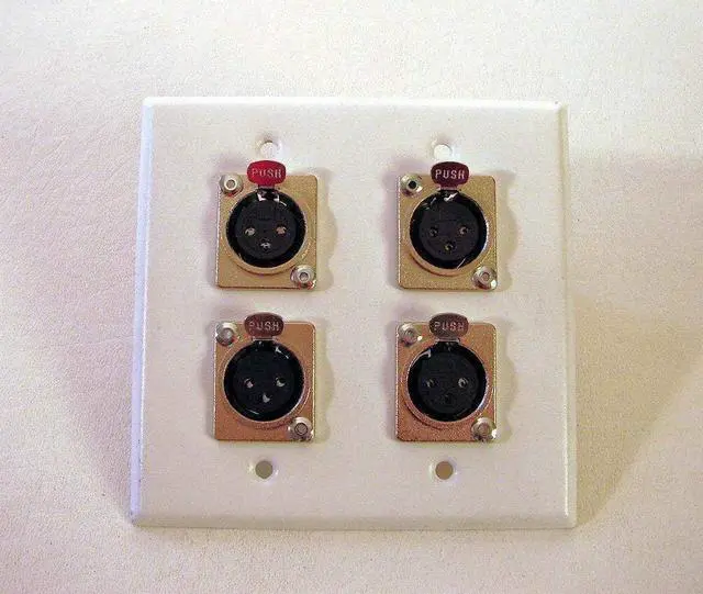 Main image of ProCraft Stainless Steel 2 Gang White Wall Plate W/4 Female XLR's Mic Input | Stainless steel 2-gang wall plate with four female XLR microphone input connectors