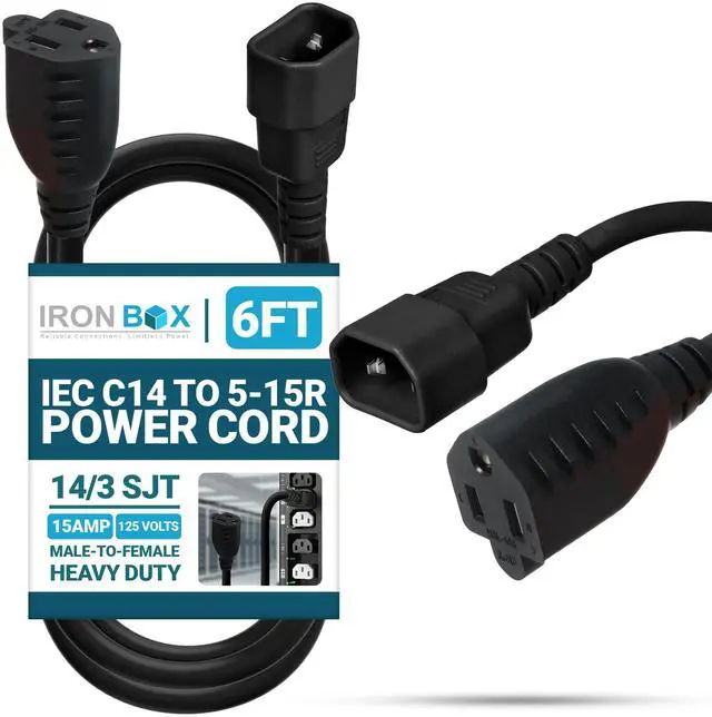 Main image of IronBox Electric IEC C14 to 5-15R Power Cord - 15A, 125V, 14/3 SJT - UL Listed Power Cord Adapter - Heavy Duty Plug & Connector Extension Cable for Computer, Printer, Data Centers & More (6ft, Molded)