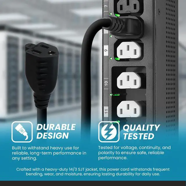 Alt view image 3 of 7 - IronBox Electric IEC C14 to 5-15R Power Cord - 15A, 125V, 14/3 SJT - UL Listed Power Cord Adapter - Heavy Duty Plug & Connector Extension Cable for Computer, Printer, Data Centers & More (3ft, Molded)