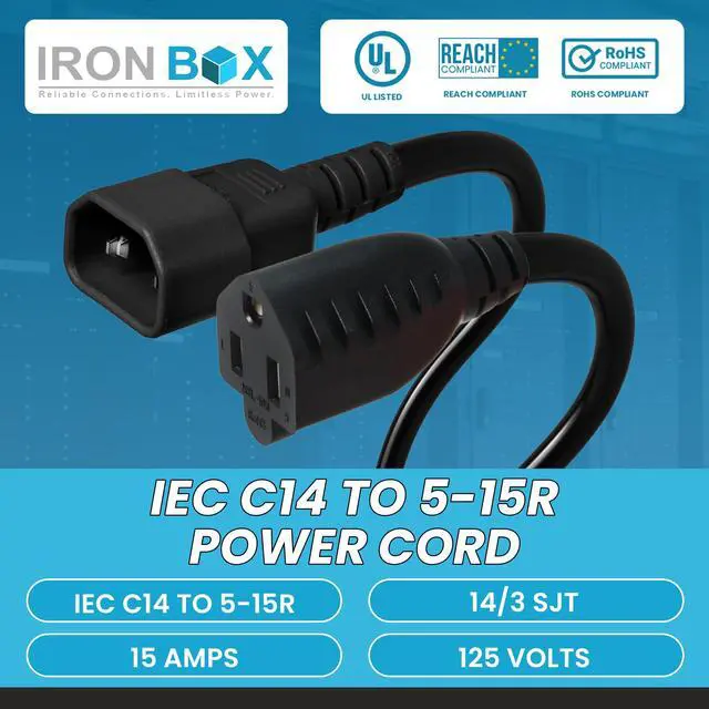 Alt view image 2 of 7 - IronBox Electric IEC C14 to 5-15R Power Cord - 15A, 125V, 14/3 SJT - UL Listed Power Cord Adapter - Heavy Duty Plug & Connector Extension Cable for Computer, Printer, Data Centers & More (3ft, Molded)