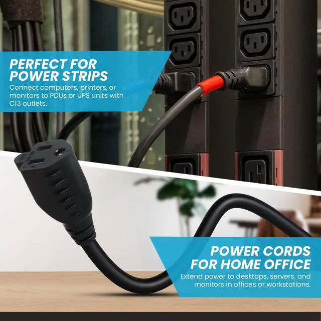 Alt view image 6 of 7 - IronBox Electric IEC C14 to 5-15R Power Cord - 15A, 125V, 14/3 SJT - UL Listed Power Cord Adapter - Heavy Duty Plug & Connector Extension Cable for Computer, Printer, Data Centers & More (3ft, Molded)