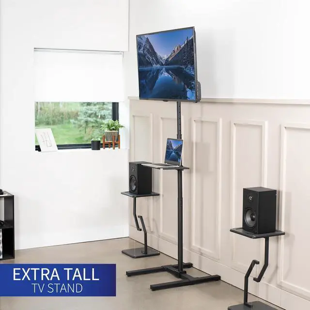 Alt view image 2 of 7 - Extra Tall TV Floor Stand with Shelf for 13 to 50 inch Screens, LED OLED 4K Smart Flat, Curved Monitors, 70 inch Tall, Max VESA 200x200, Tall Pole for Treadmills, Ellipticals, Black, STAND-TV17-S