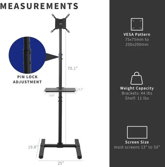 Alt view image 5 of 7 - Extra Tall TV Floor Stand with Shelf for 13 to 50 inch Screens, LED OLED 4K Smart Flat, Curved Monitors, 70 inch Tall, Max VESA 200x200, Tall Pole for Treadmills, Ellipticals, Black, STAND-TV17-S
