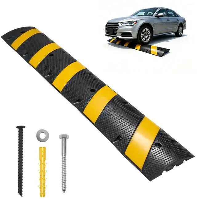 Main image of 6FT Rubber Speed Bump, Heavy Duty Speed Bump Cable Protector Ramp for Driveway, Road Parking, Garage, Parking Lot, Warehouse,72" x 11.8" x 1.77" (1, 6FT No End Cap)