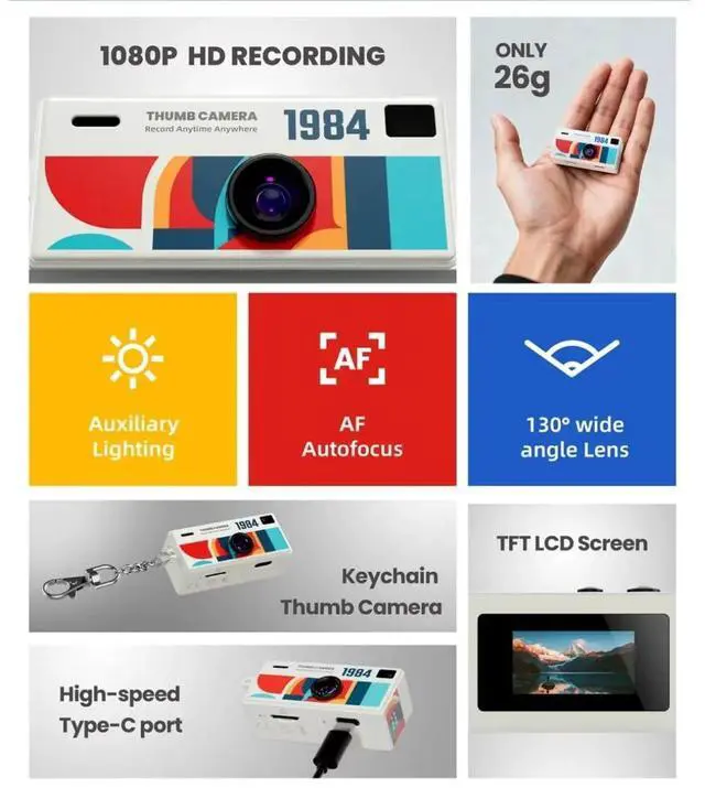 Alt view image 5 of 7 - CharmSnap Mini Keychain Camera, 1080P HD Digital Camera, 2MP Point & Shoot, Portable Pocket Camera for Kids & Travel, Wide Angle Lens, USB-C Rechargeable (White)