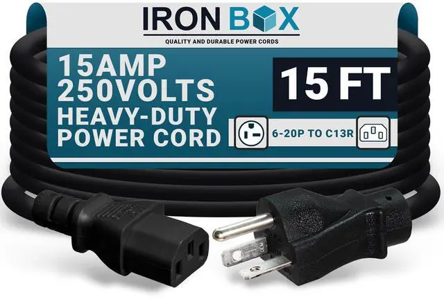Main image of IronBox Electric - NEMA 6-20P Plug to IEC C13 Power Cord - 15A/250V, 14/3 AWG - UL Listed Heavy Duty Power Cord - Replacement Cords for Monitor, Computer, Printer, Audio Speaker & More (15ft, Molded)