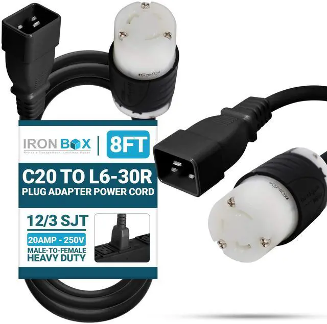 Main image of IronBox Electric IEC C20 to L6-30R Plug Adapter Power Cord - 20A, 250V, 12/3 SJT - UL Listed Power Supply - Heavy Duty Extension Cable for Data Centers, PDUs, Generator, Amplifier & More (8ft, Build)