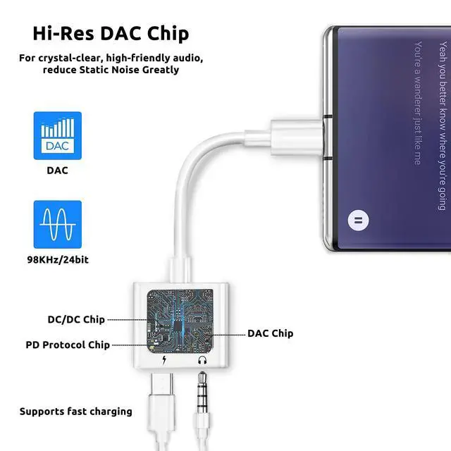Alt view image 7 of 7 - Pro Headphone 3Amp Aux Adapter Compatible with T-Mobile Revvl 5G Plus USB-C 3.5mm Audio & Hi-Power Charging Port (Charge While You Listen)