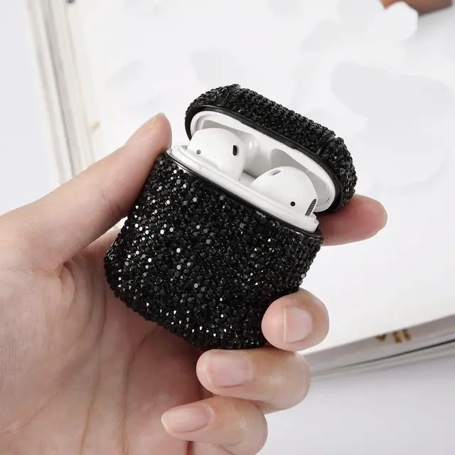 Alt view image 4 of 5 - Gadgets Air Pod Case for Protection - Compatible with 1st & 2nd Generation Apple AirPods- Lightweight Case with Key Ring - Easy to Use - Rhinestones Black