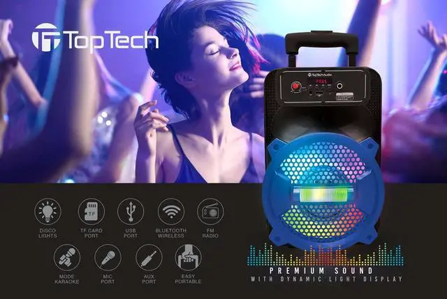 Alt view image 3 of 4 - Top Tech Rock-8 Fully Amplified 1500W Portable Bluetooth Speaker, 8-Inch Woofer, LED Lights, 5-Hr Rechargeable Battery, USB, TF Card, FM Radio, AUX Inputs, Wired Microphone for Karaoke, Blue