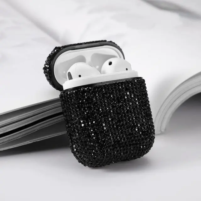 Alt view image 5 of 5 - Gadgets Air Pod Case for Protection - Compatible with 1st & 2nd Generation Apple AirPods- Lightweight Case with Key Ring - Easy to Use - Rhinestones Black