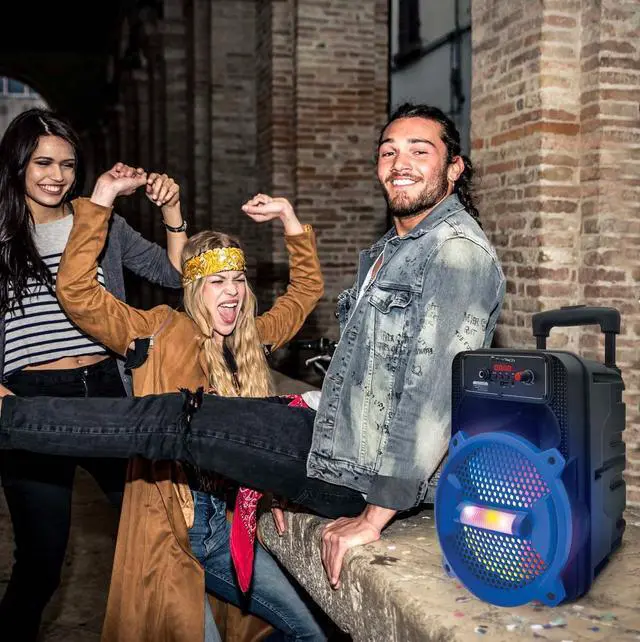 Alt view image 2 of 4 - Top Tech Rock-8 Fully Amplified 1500W Portable Bluetooth Speaker, 8-Inch Woofer, LED Lights, 5-Hr Rechargeable Battery, USB, TF Card, FM Radio, AUX Inputs, Wired Microphone for Karaoke, Blue