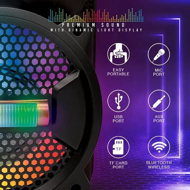 Alt view image 4 of 4 - Top Tech Rock-8 Fully Amplified 1500W Portable Bluetooth Speaker, 8-Inch Woofer, LED Lights, 5-Hr Rechargeable Battery, USB, TF Card, FM Radio, AUX Inputs, Wired Microphone for Karaoke, Blue