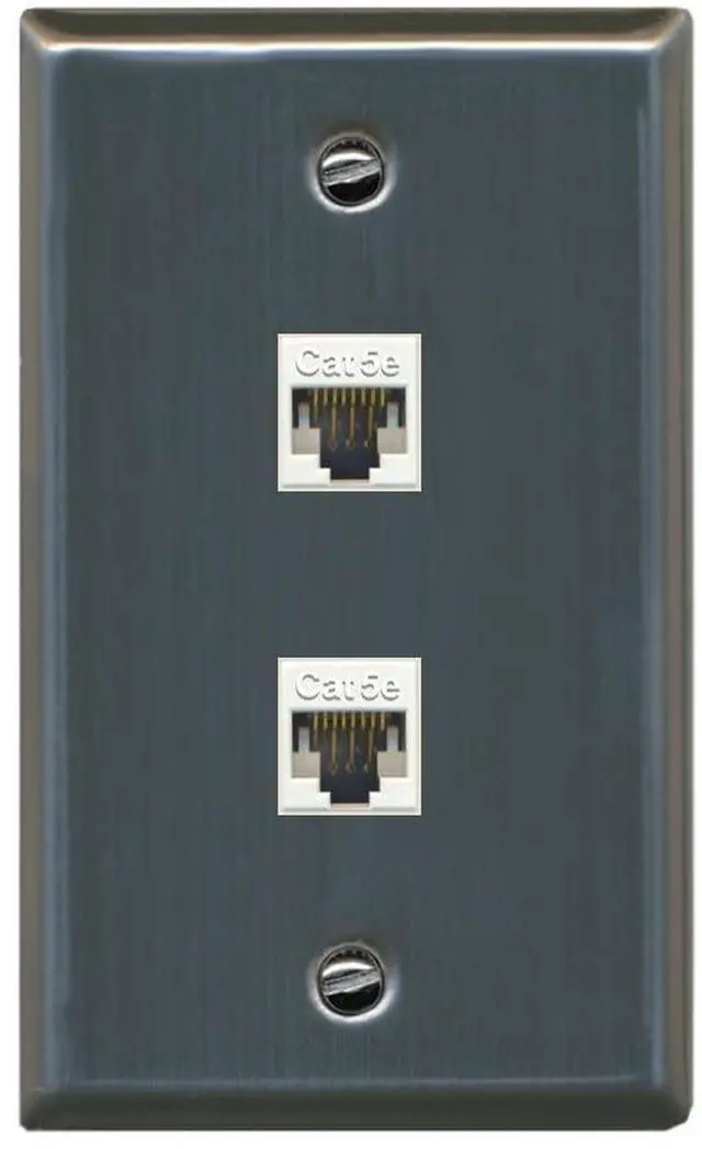 Main image of 1 Gang 2 Port Cat5e Ethernet Wall Plate - Flat Style Stainless Steel