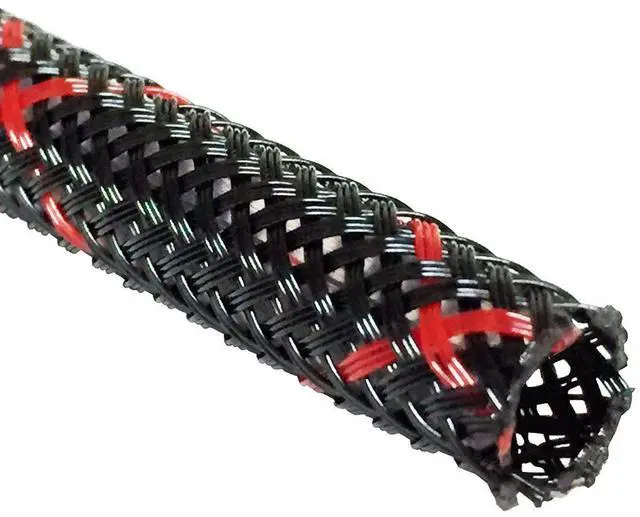 Main image of 1/8" PET High Flame Retardant Expandable Braided Flexible Cable Sleeve - Black w/Red Tracer - 50 Feet