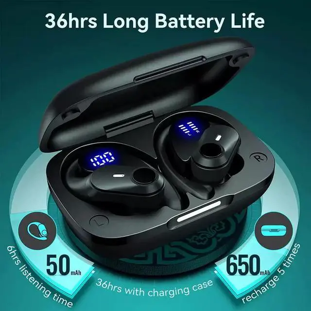 Alt view image 4 of 6 - for Sony Xperia Pro-I Wireless Earbuds Headphones with Charging Case & Dual Power Display Over-Ear Waterproof Earphones with Earhook Headset with Mic for Sport Running Workout Black