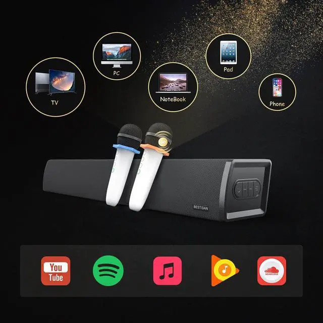 Alt view image 2 of 7 - Soundbar for TV, Bluetooth 5.0 Sound Bar with 2 Wireless Microphone, Handheld Wireless Karaoke Microphone for Kids, Sound Bar for Adults/Kids Singing, Optical/AUX/Coax