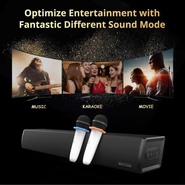 Alt view image 4 of 7 - Soundbar for TV, Bluetooth 5.0 Sound Bar with 2 Wireless Microphone, Handheld Wireless Karaoke Microphone for Kids, Sound Bar for Adults/Kids Singing, Optical/AUX/Coax
