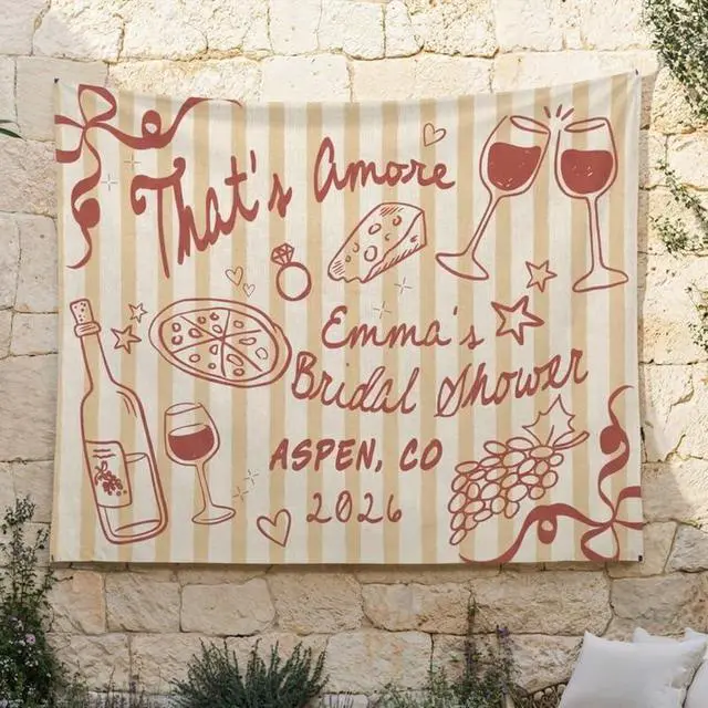 Main image of Personalized Thats Amore Bridal Shower Backdrop Linen Fabric, Custom Name Italian Theme Wine Pizza Banner, Bride to Be Party Decorations Photo Booth Background