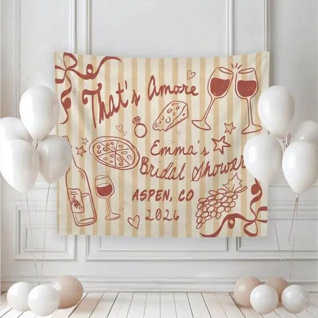Alt view image 2 of 7 - Personalized Thats Amore Bridal Shower Backdrop Linen Fabric, Custom Name Italian Theme Wine Pizza Banner, Bride to Be Party Decorations Photo Booth Background