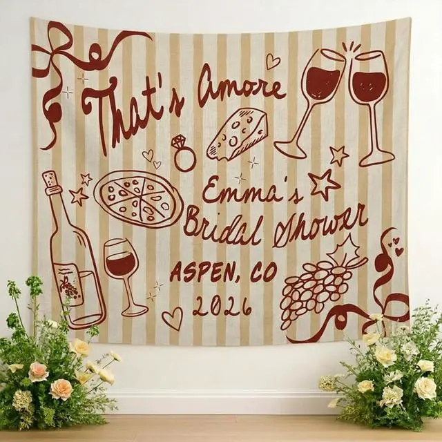 Alt view image 3 of 7 - Personalized Thats Amore Bridal Shower Backdrop Linen Fabric, Custom Name Italian Theme Wine Pizza Banner, Bride to Be Party Decorations Photo Booth Background