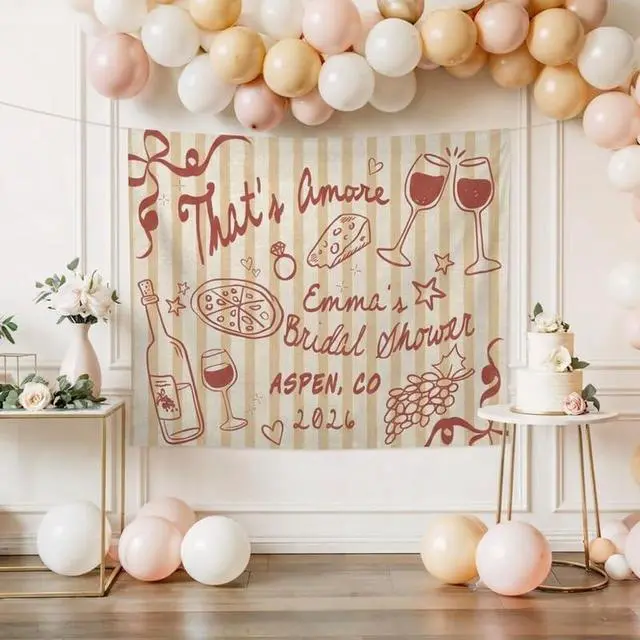 Alt view image 4 of 7 - Personalized Thats Amore Bridal Shower Backdrop Linen Fabric, Custom Name Italian Theme Wine Pizza Banner, Bride to Be Party Decorations Photo Booth Background