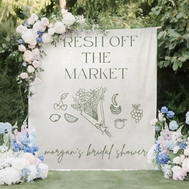 Alt view image 2 of 7 - Personalized Fresh Off the Market Bridal Shower Backdrop Linen Fabric, Custom Name Minimalist Fruit Banner, Rustic Bridal Shower Decorations Photo Booth Background