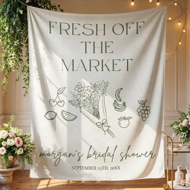 Alt view image 3 of 7 - Personalized Fresh Off the Market Bridal Shower Backdrop Linen Fabric, Custom Name Minimalist Fruit Banner, Rustic Bridal Shower Decorations Photo Booth Background