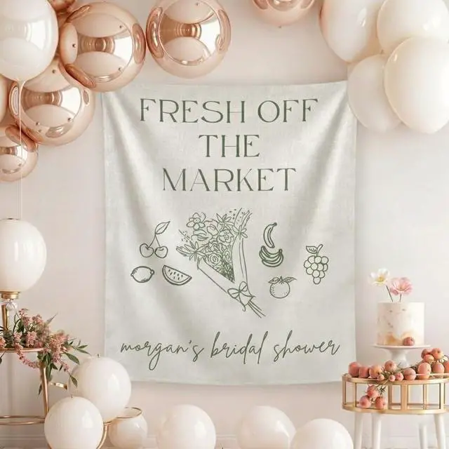 Alt view image 4 of 7 - Personalized Fresh Off the Market Bridal Shower Backdrop Linen Fabric, Custom Name Minimalist Fruit Banner, Rustic Bridal Shower Decorations Photo Booth Background