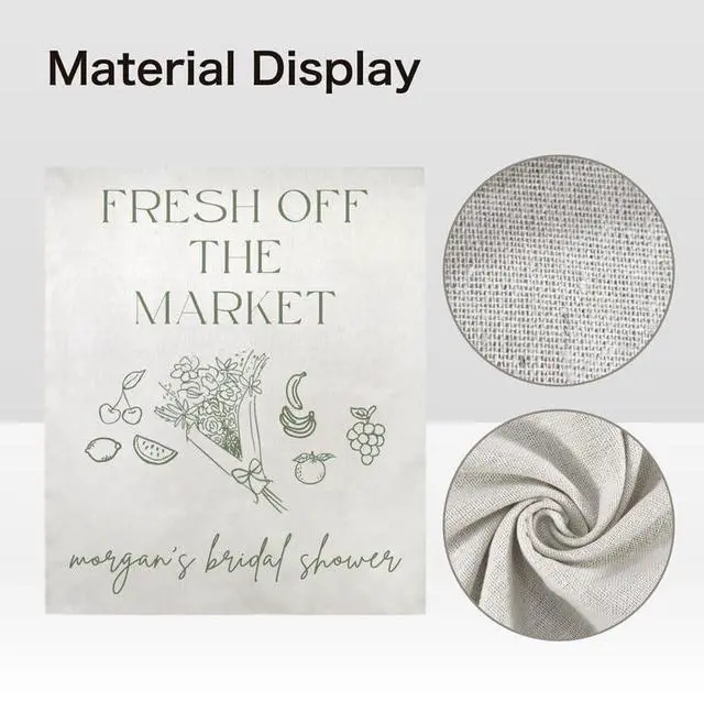 Alt view image 5 of 7 - Personalized Fresh Off the Market Bridal Shower Backdrop Linen Fabric, Custom Name Minimalist Fruit Banner, Rustic Bridal Shower Decorations Photo Booth Background